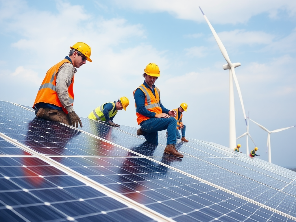 Trabajadores instalando paneles solares y manteniendo turbinas eólicas en un sitio de energía renovable