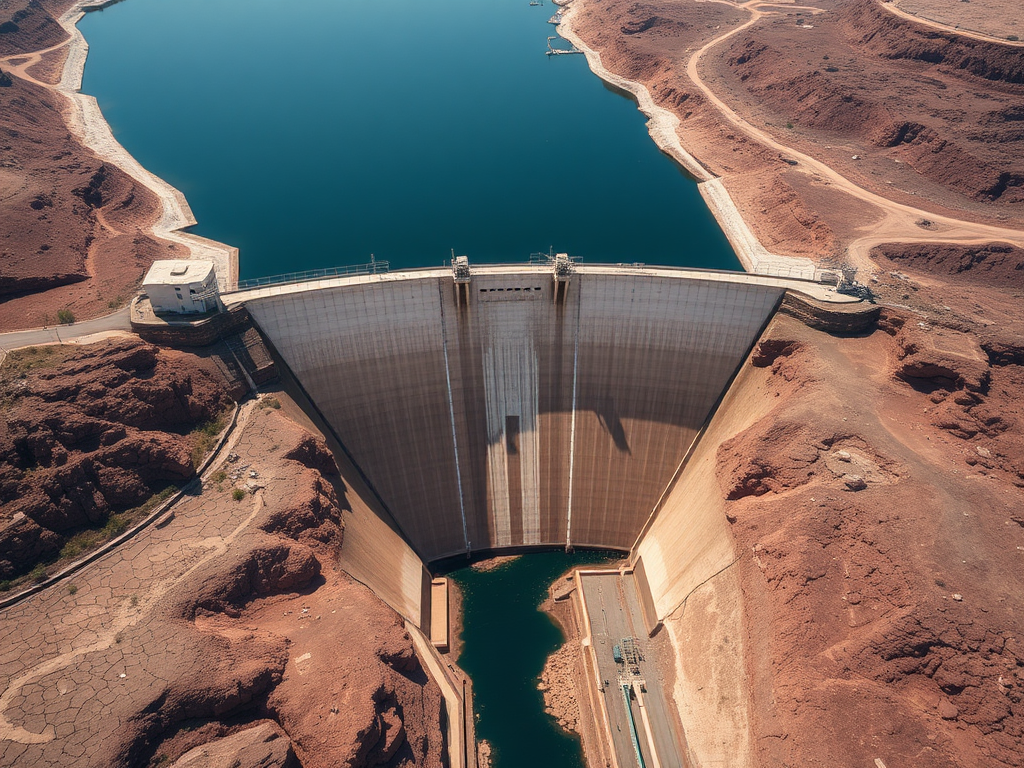 Presa hidroeléctrica afectada por la sequía, nivel de agua bajo y tierra seca