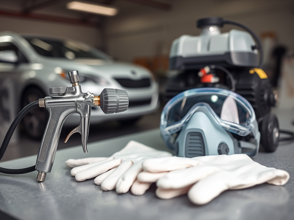 Primer plano de herramientas esenciales para pintar automóviles en una mesa de taller