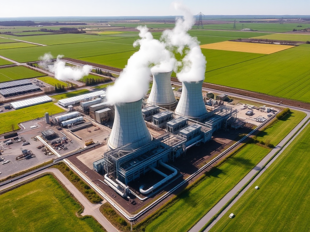 Vista aérea de una planta de energía geotérmica rodeada de campos verdes.