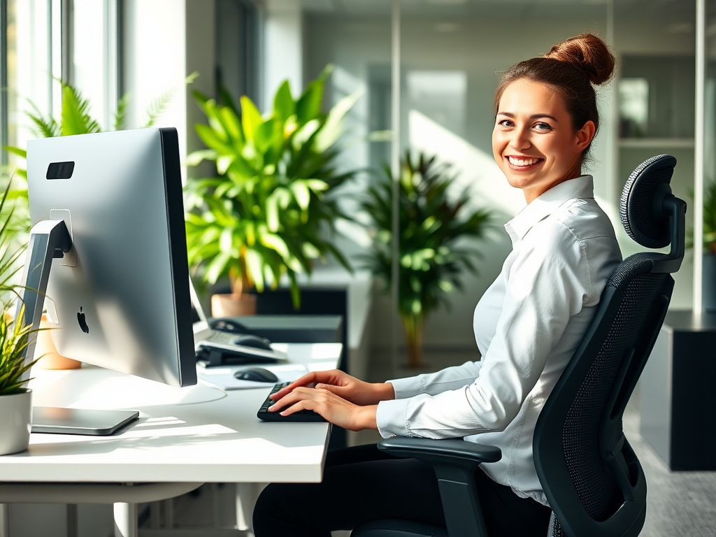 Mejores Software de Ergonomía para Empresas e Industria Empleado sonriente trabajando cómodamente en una oficina ergonómica bien organizada