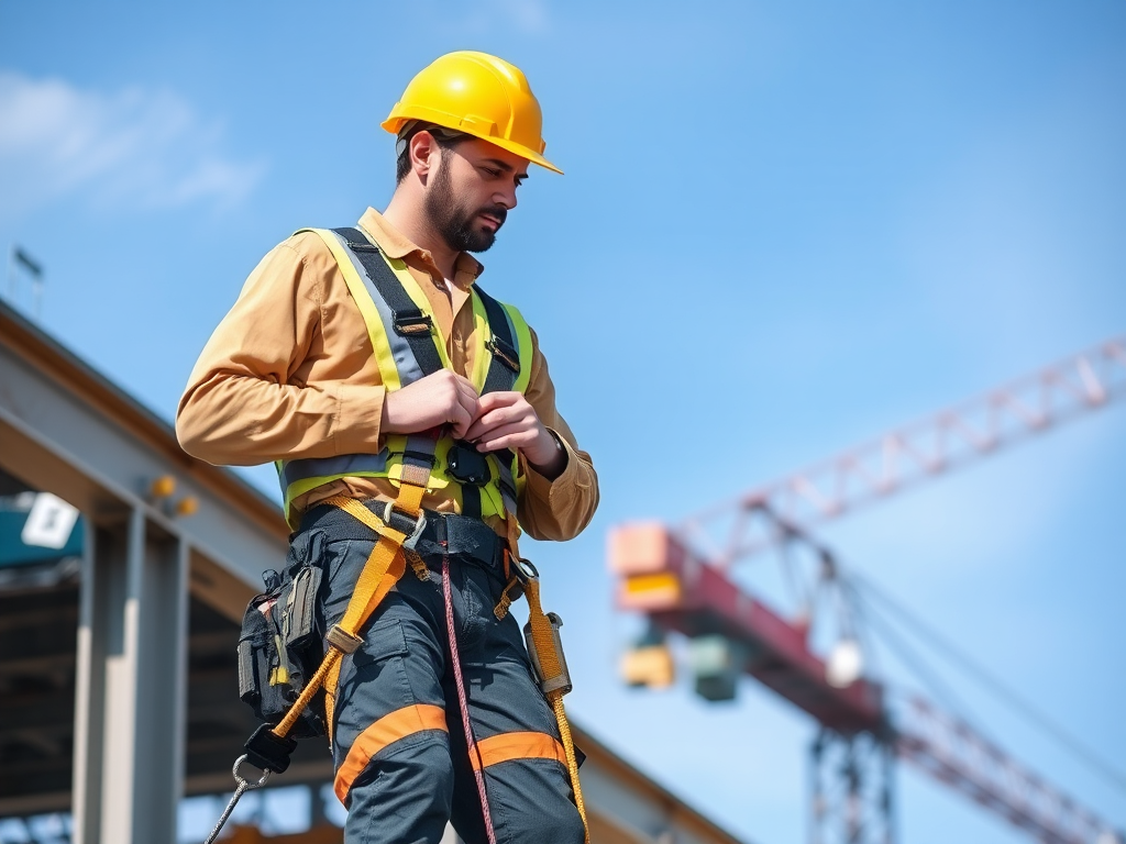 Trabajador industrial en un sitio de construcción a gran altura, con equipo de seguridad.