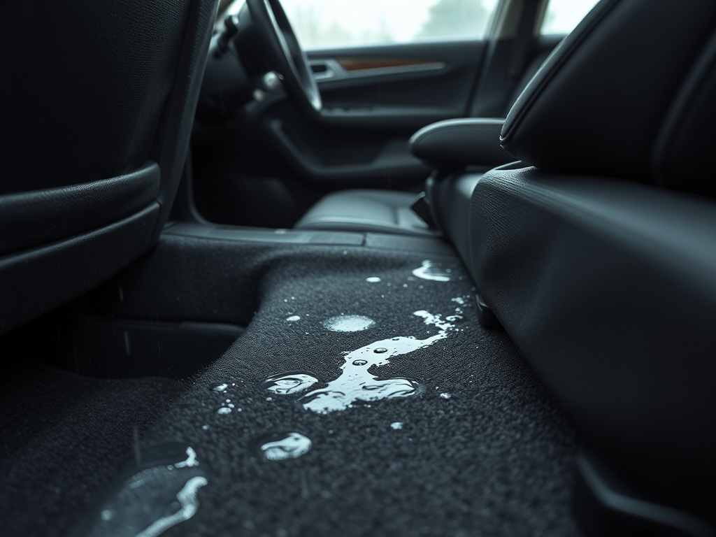 Interior de un coche con alfombra y asientos húmedos debido a una filtración de agua
