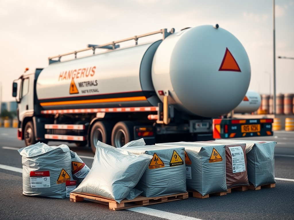 Transporte de Mercancías Peligrosas: Normativas, Métodos y Seguridad Camión cisterna para materiales peligrosos con empaques etiquetados en un entorno industrial