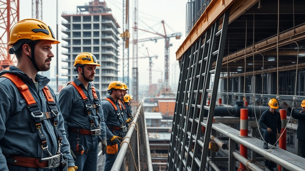 Trabajadores en un gran sitio de construcción e industrial con equipos de seguridad