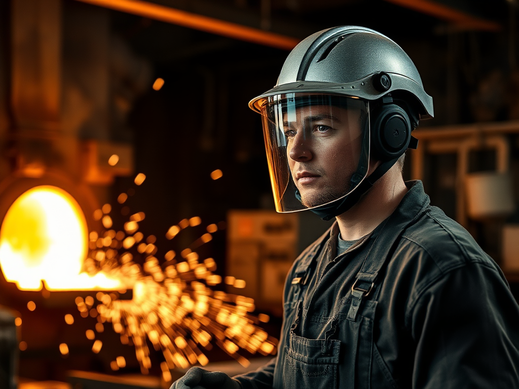 Un trabajador en una fundición de metal con equipo de protección