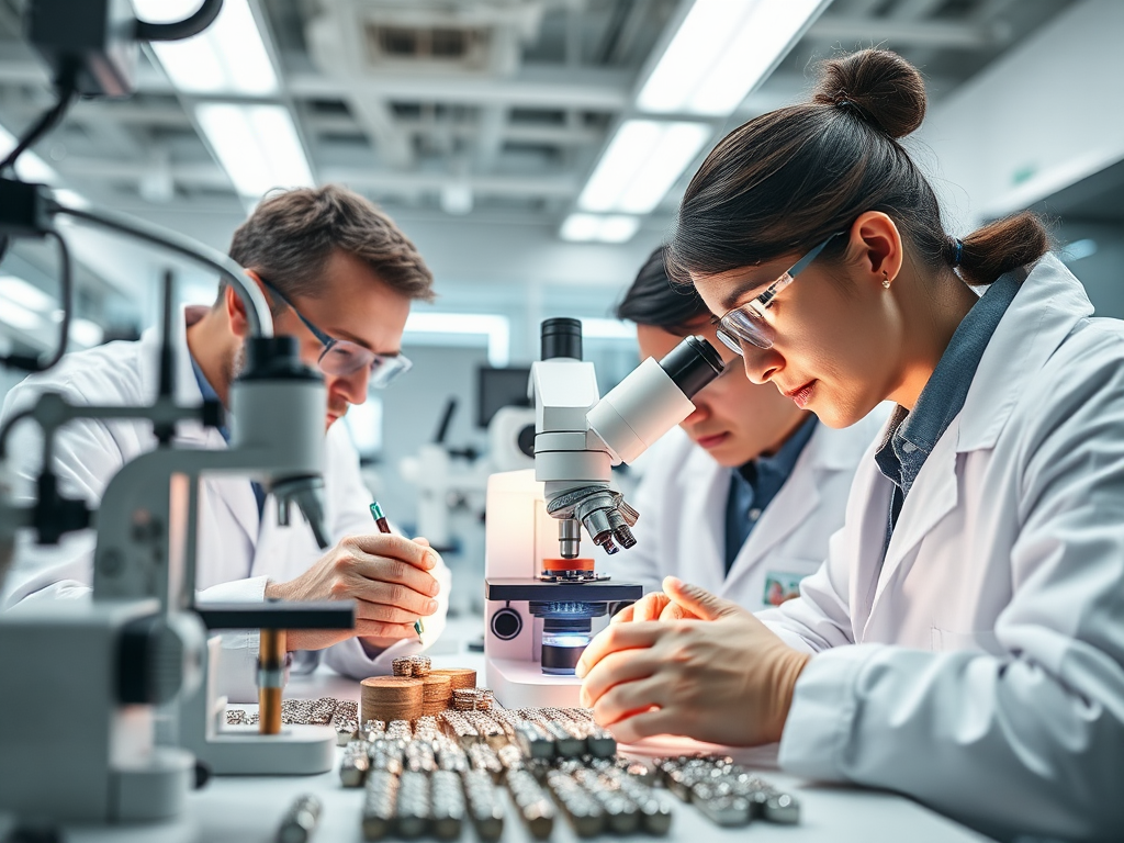 Laboratorio de investigación con científicos examinando materiales magnéticos bajo un microscopio