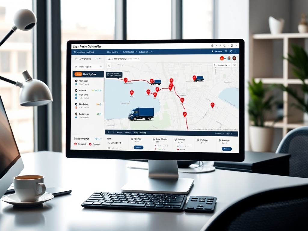 Software de optimización de rutas mostrado en un monitor en una oficina moderna