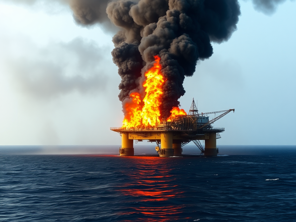 Una plataforma petrolera offshore en llamas con humo oscuro en el Golfo de México