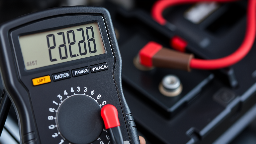 Causas de la Descarga de la Batería del Auto y Soluciones Prácticas Multímetro digital midiendo el voltaje de una batería de coche