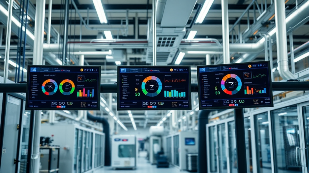 Consumo de Energía Eléctrica: Factores Clave y Optimización Interior de fábrica industrial moderna con pantallas SCADA
