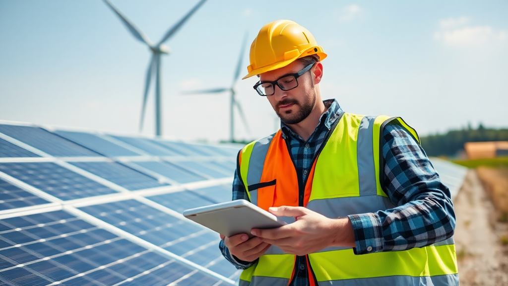 Másteres en Energías Renovables: Cómo Elegir el Programa Ideal Ingeniero inspeccionando paneles solares y turbinas eólicas en un sitio de energía renovable