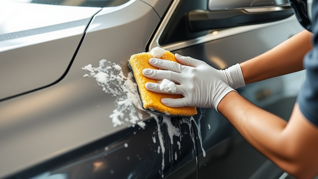 Persona limpiando la superficie de un coche con una esponja, agua y jabón