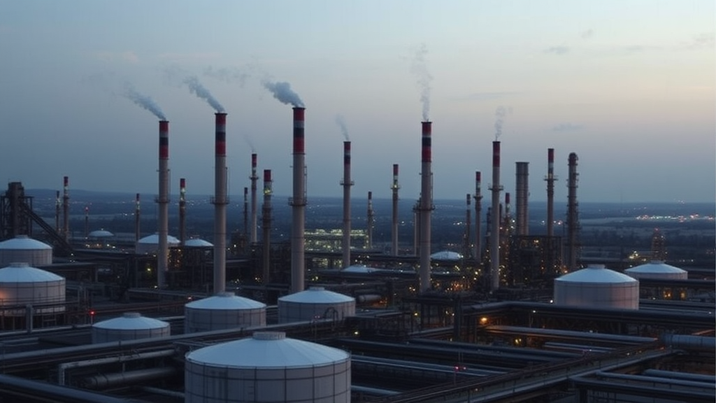 Refinería al atardecer con chimeneas altas emitiendo humo sutil