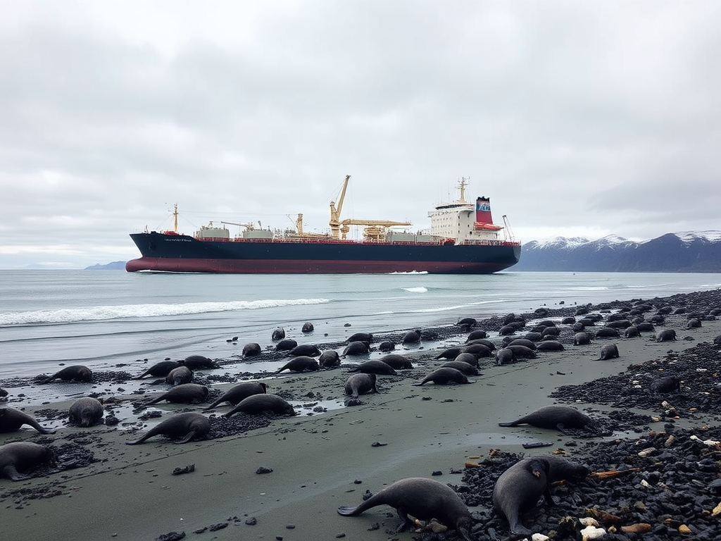 Un gran petrolero varado cerca de Alaska, con derrames de petróleo y fauna afectada