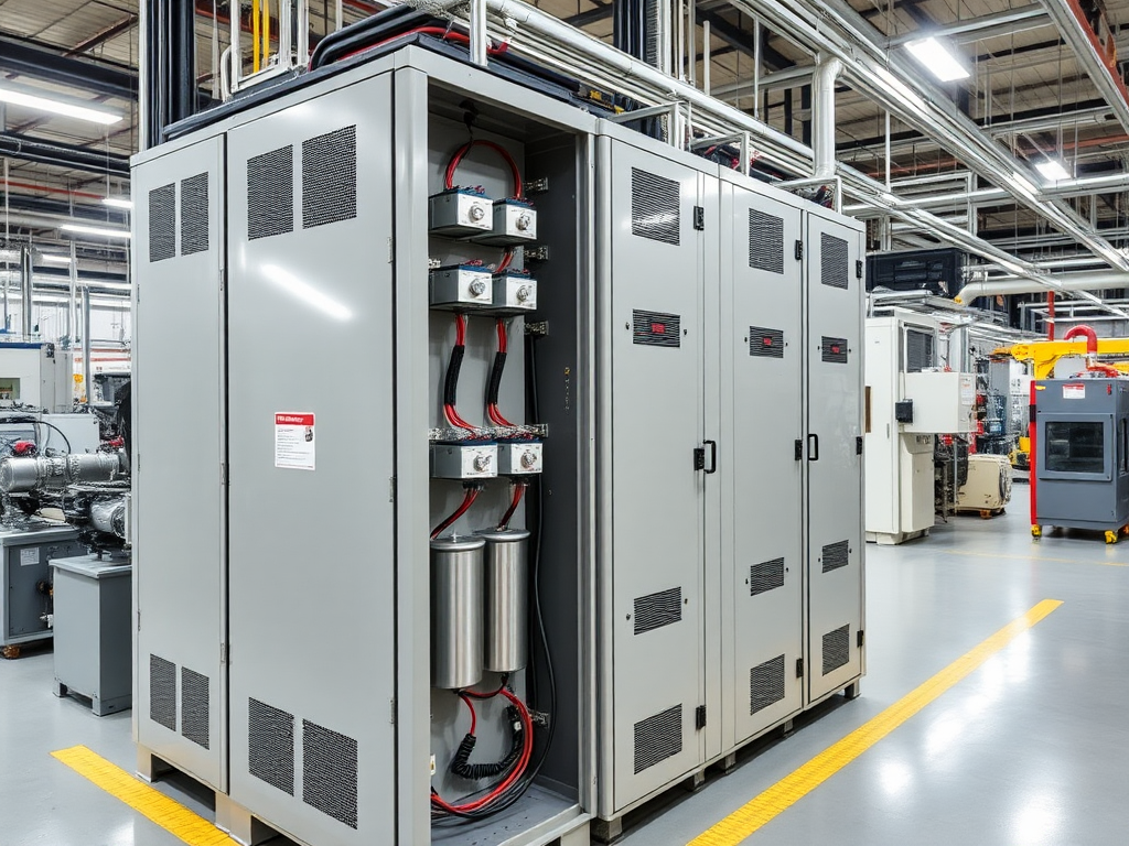Banco de capacitores industriales en una planta de manufactura