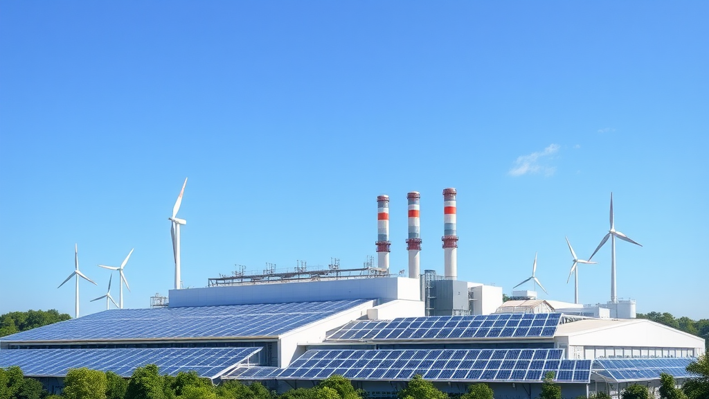 Fábrica moderna y eco-amigable con paneles solares y turbinas eólicas