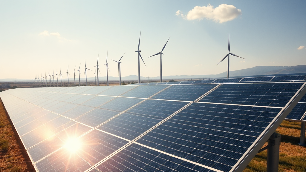 Vista aérea de una planta de energía híbrida con paneles solares y turbinas eólicas