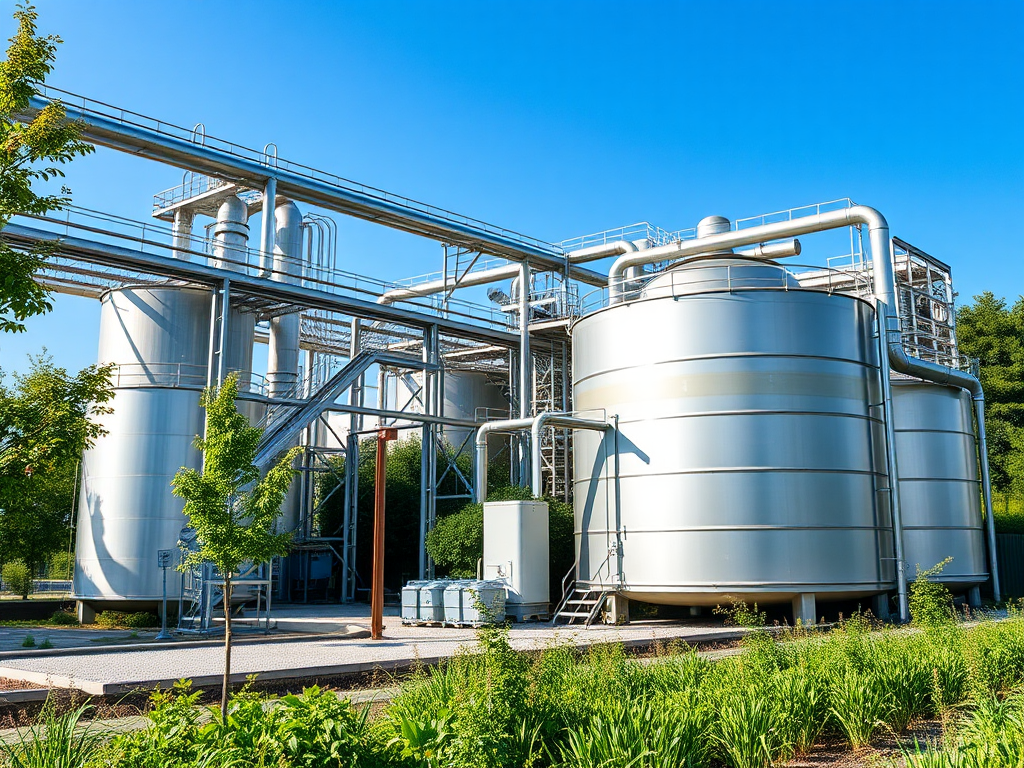 Planta industrial con digestores anaeróbicos, rodeada de vegetación