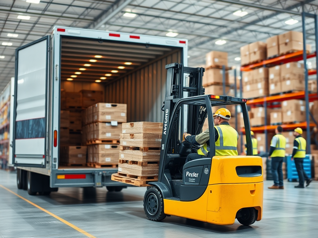 Montacargas cargando pallets en un entorno logístico moderno