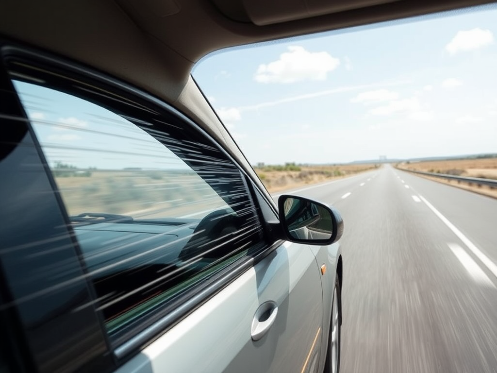 ¿El Aire Acondicionado del Auto Aumenta el Consumo de Gasolina? Coche conduciendo en una autopista con las ventanas abiertas, mostrando la resistencia del viento
