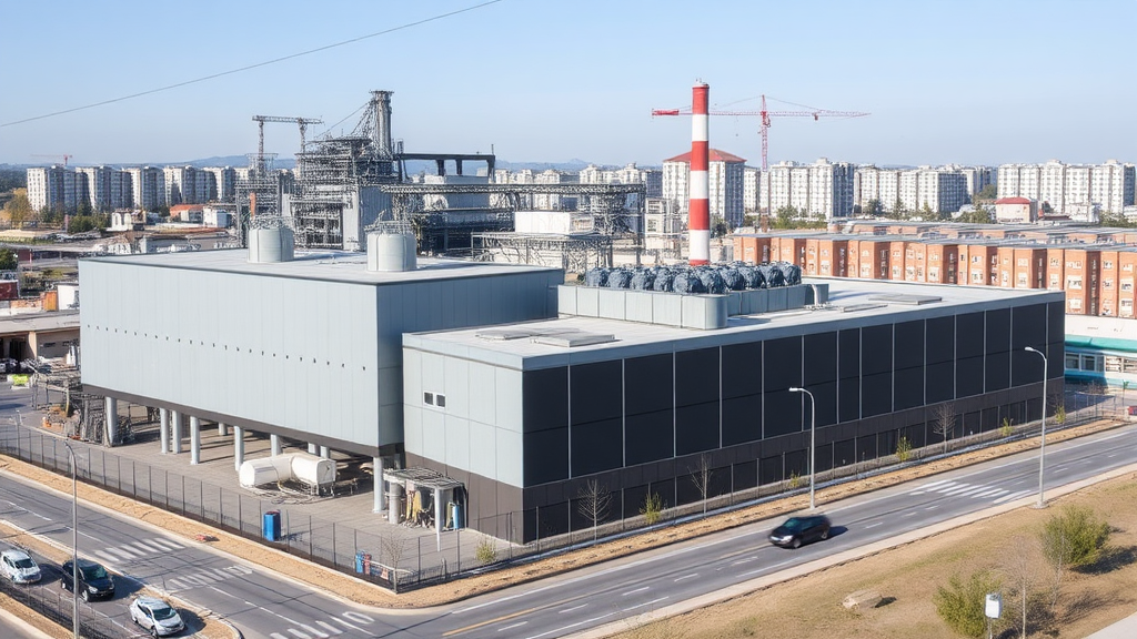 Planta industrial con barreras acústicas en un área urbana