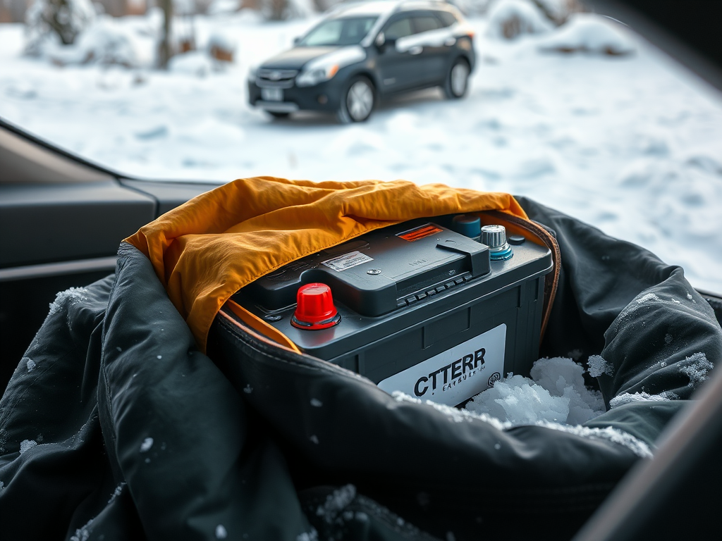 Causas de la Descarga de la Batería del Auto y Soluciones Prácticas Batería de coche envuelta en una manta térmica en un entorno nevado y frío