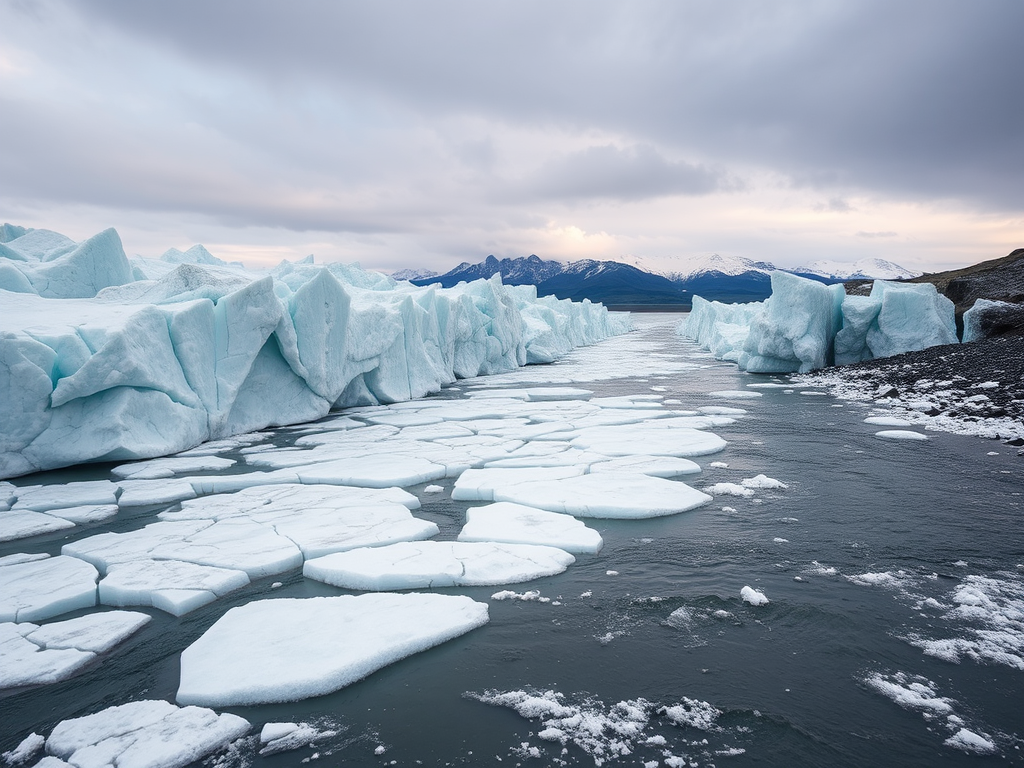 Energía Fósil: Qué Es, Cómo Se Genera y Sus Impactos Glaciar derritiéndose en un río con montañas al fondo y cielo nublado