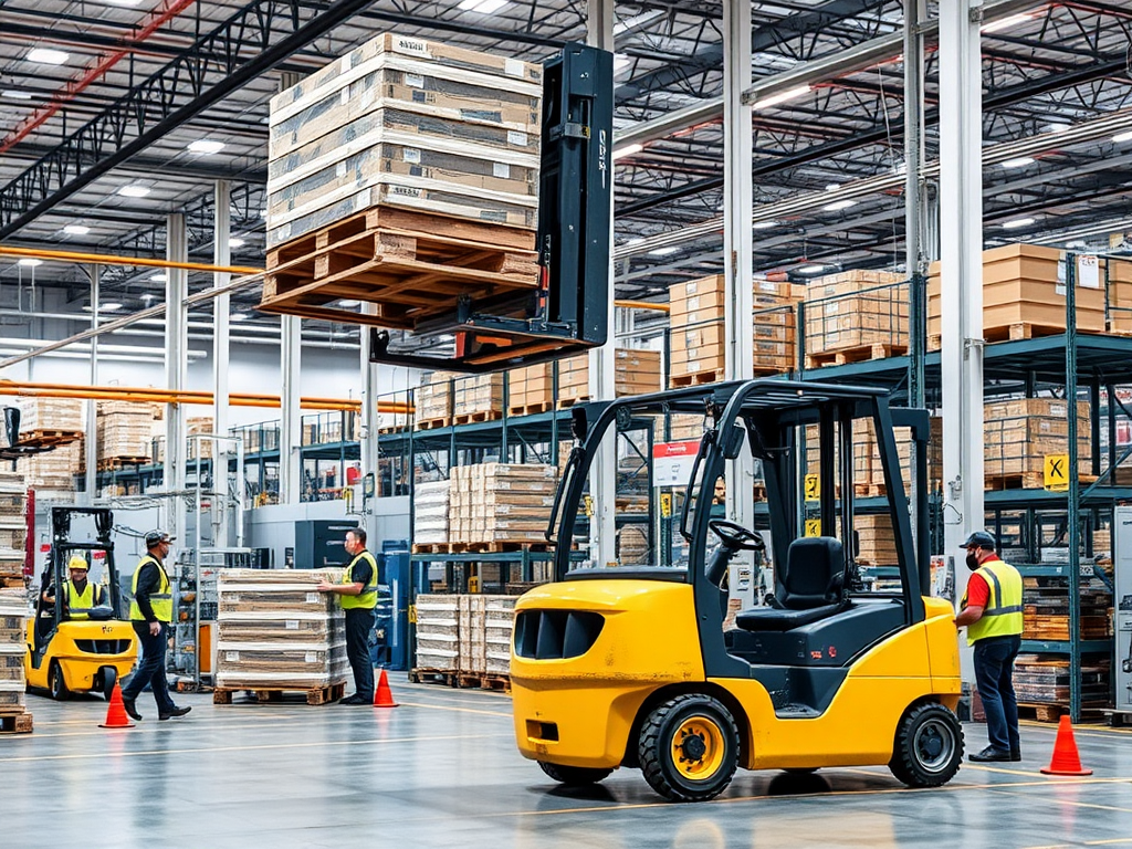 Montacargas levantando pallets en una fábrica moderna