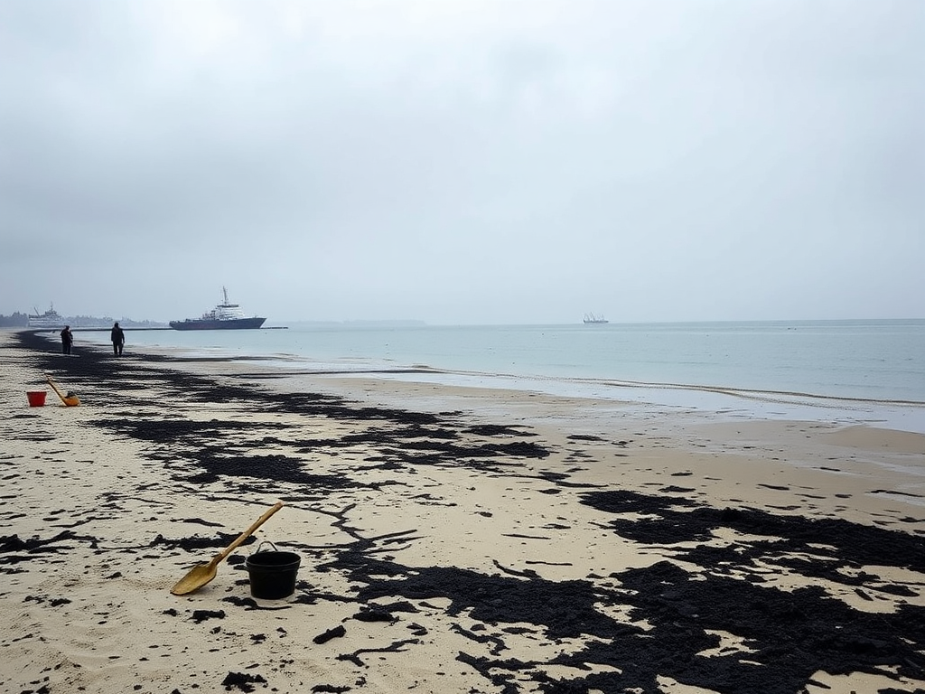 Impacto de los Derrames de Combustibles en el Ecosistema Marino Una playa desolada afectada por un derrame de petróleo