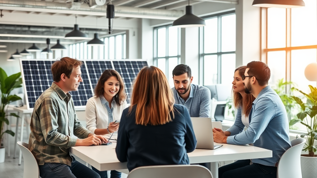 Consumo de Energía Eléctrica: Factores Clave y Optimización Oficina moderna con empleados discutiendo tecnologías energéticamente eficientes