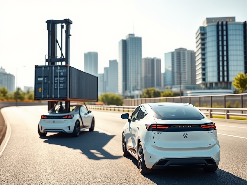 Vehículo eléctrico en una carretera despejada con una ciudad moderna de fondo.