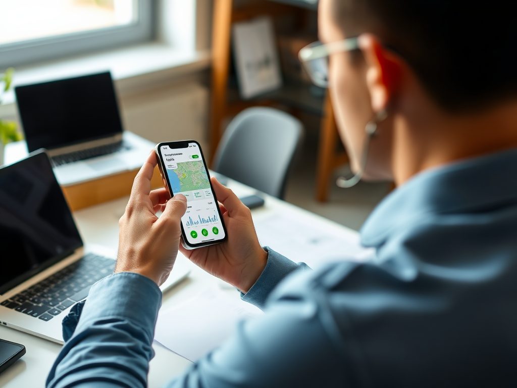 Persona usando una aplicación de gestión de flotas en un smartphone en una oficina profesional