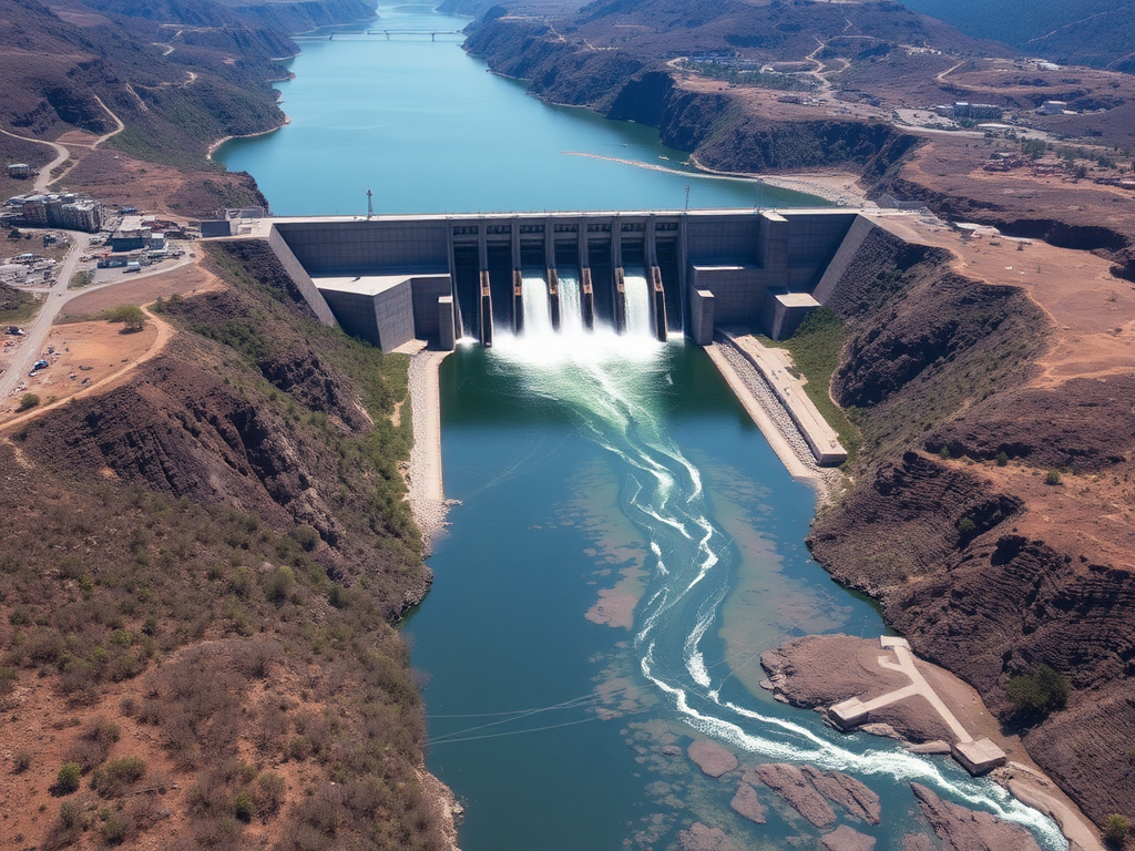 Vista aérea de una gran presa hidroeléctrica en operación, con agua fluyendo a través de los aliviaderos, rodeada de terreno montañoso