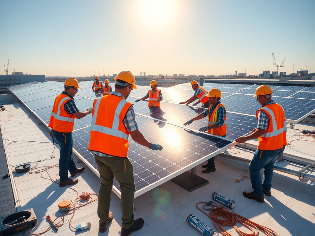 Ventajas y Desventajas de la Energía Solar en el Mundo Actual Trabajadores instalando paneles solares en un tejado industrial