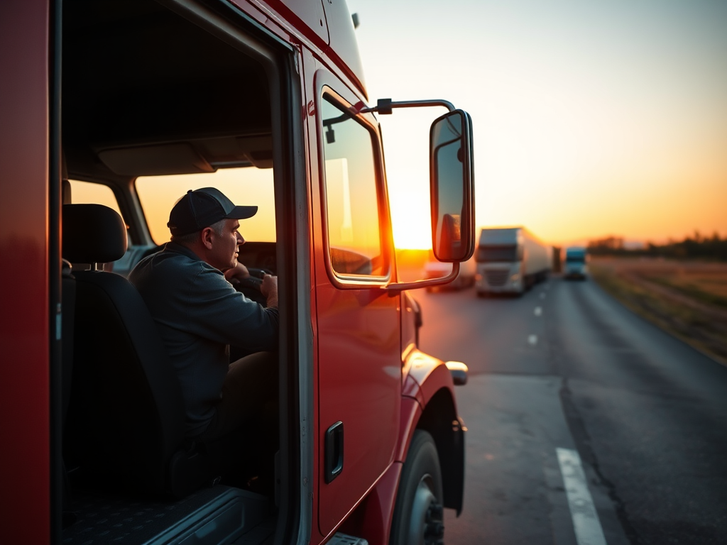 Bitácora de Horas de Servicio del Conductor: Guía Completa y Correcta Un camionero descansando en una parada de camiones durante el atardecer
