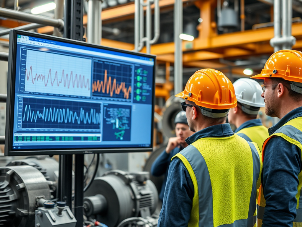 Ingenieros analizando datos de mantenimiento predictivo en planta industrial