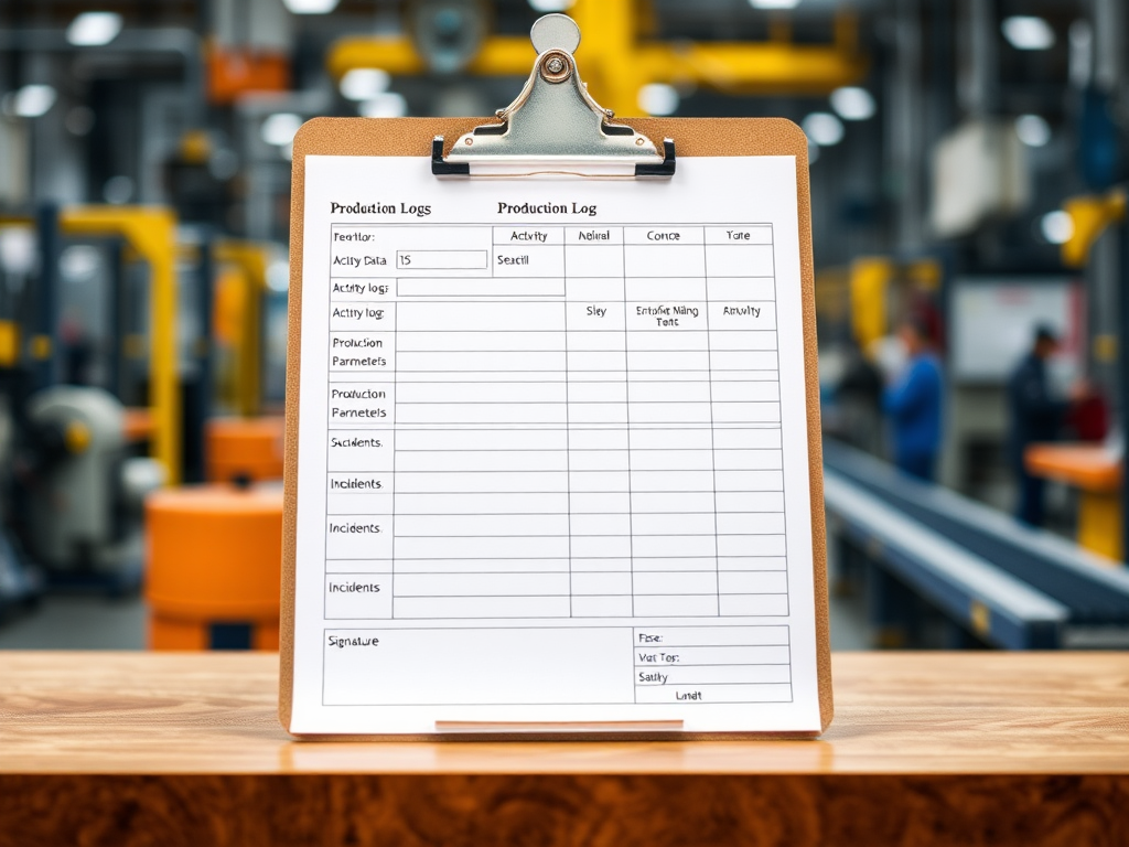 Bitácora de Producción: Definición, Importancia y Guía de Implementación Un portapapeles sobre una mesa de trabajo industrial, mostrando un registro de producción con campos destacados y maquinaria desenfocada en el fondo.
