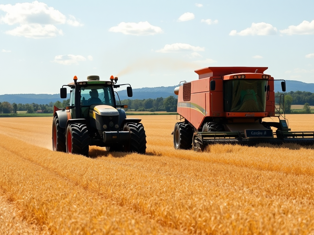 Maquinaria agrícola trabajando en un campo extenso