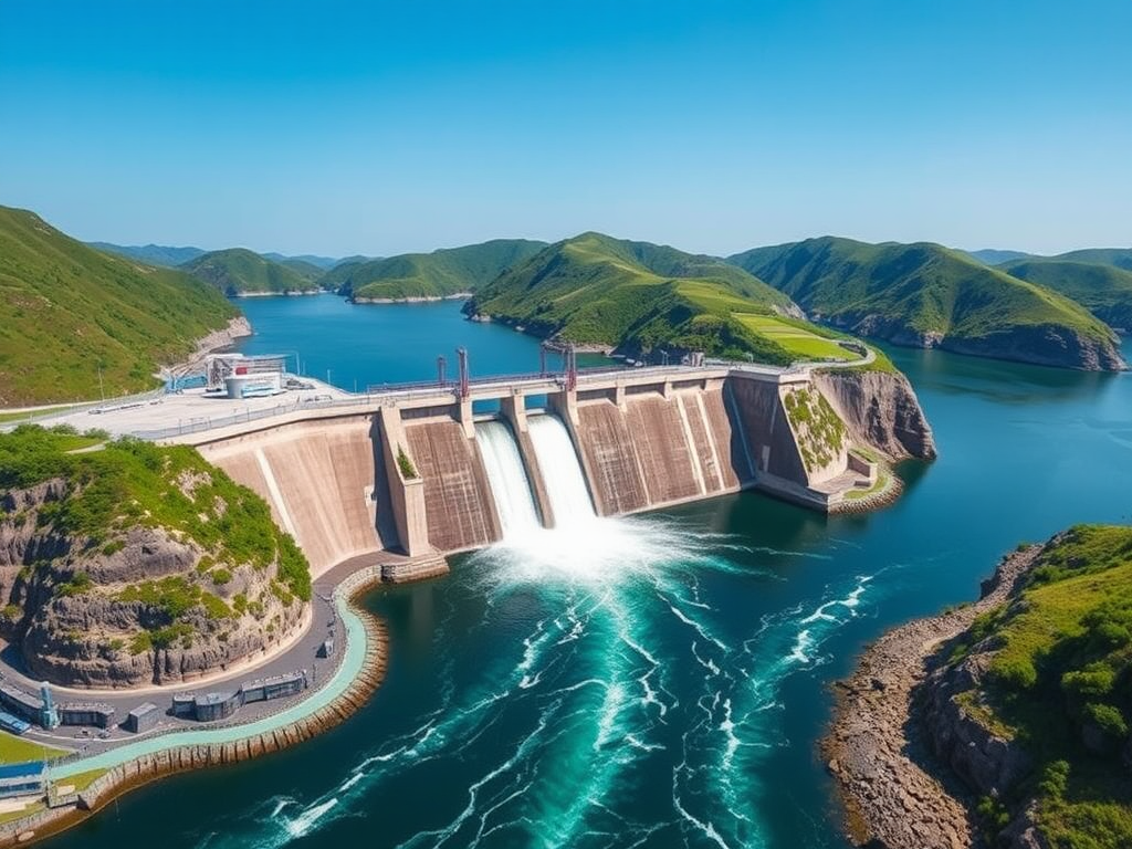 Vista aérea de una moderna planta hidroeléctrica con presa y embalse