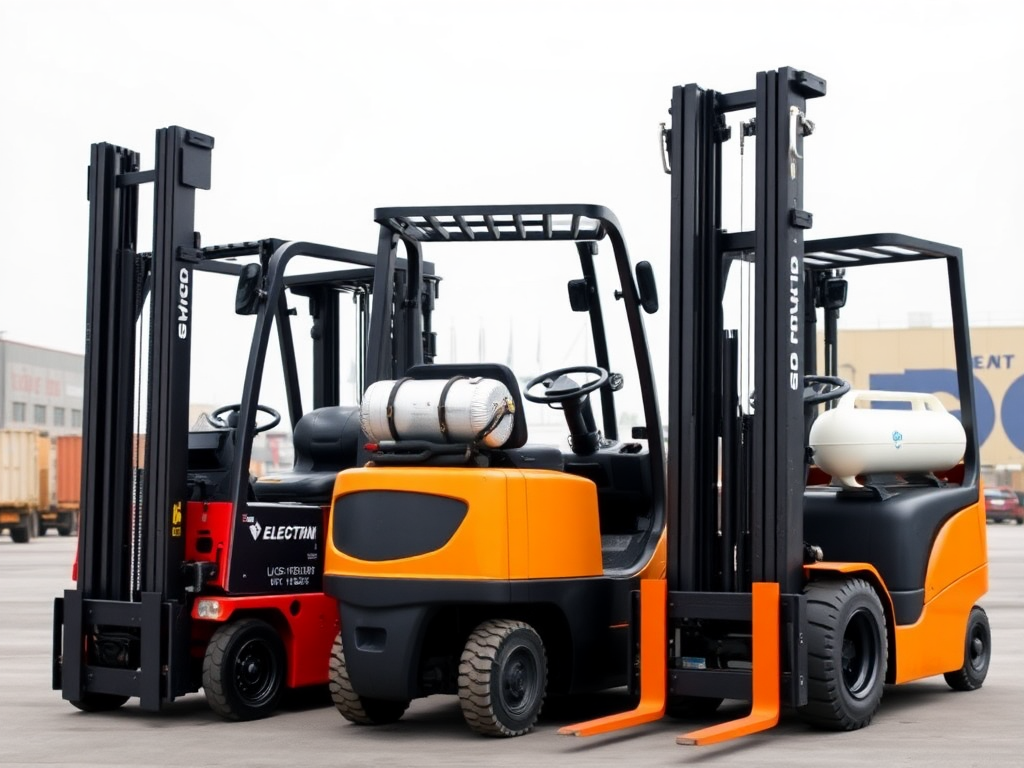 Tres diferentes montacargas uno al lado del otro: uno eléctrico, uno diésel y uno de GLP