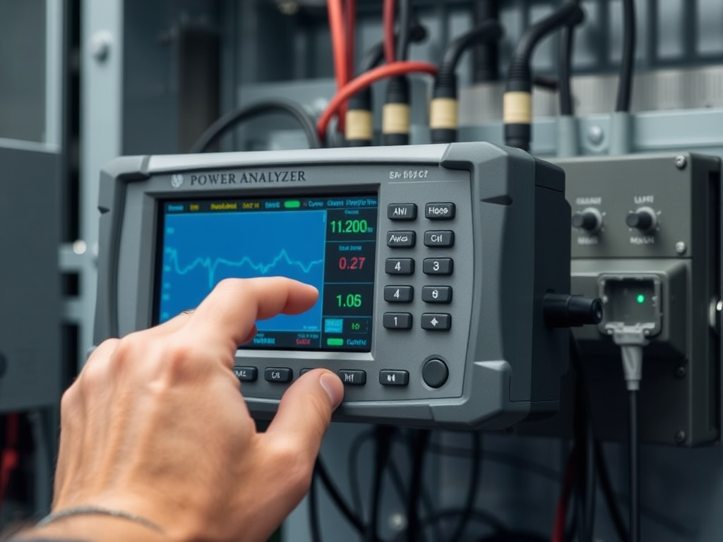 Analizador de Potencia: Definición, Funcionamiento y Usos Industriales Primer plano de un analizador de energía en uso, con una mano de técnico ajustando configuraciones en la pantalla.