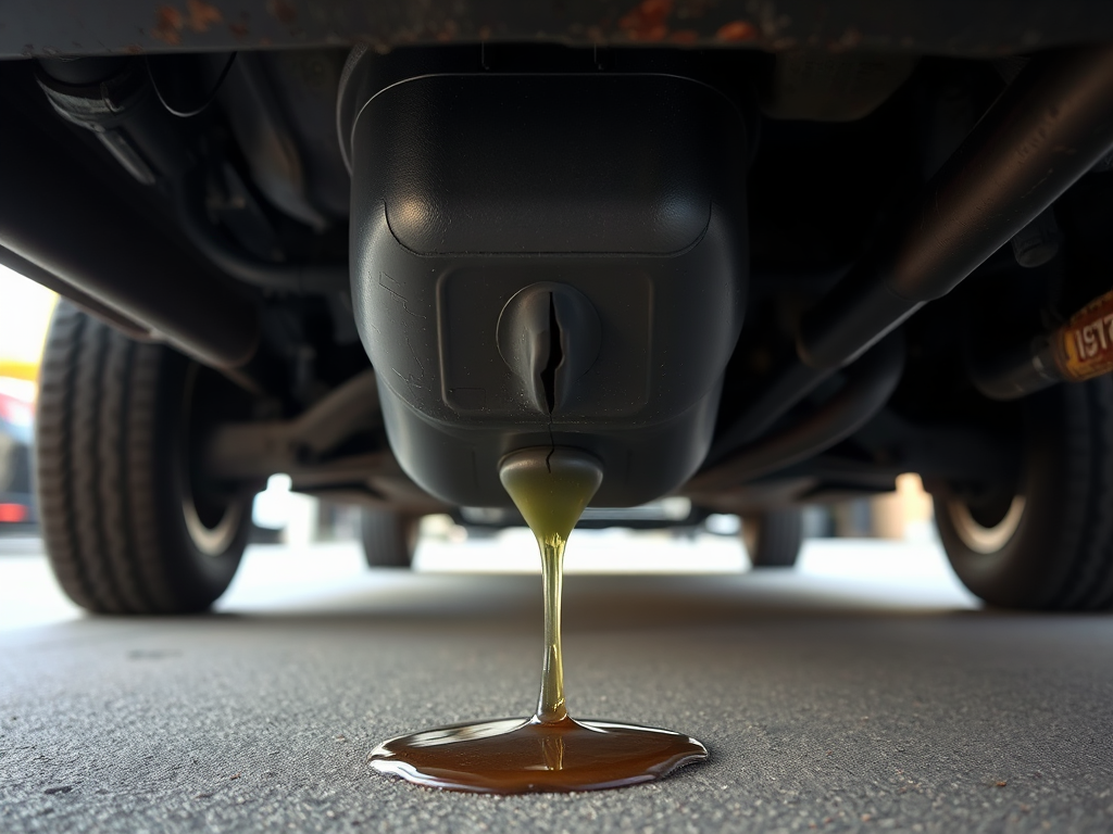 Tanque de combustible con una grieta visible y gasolina goteando