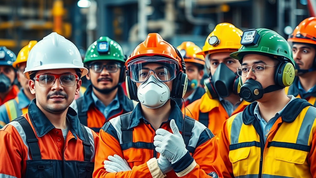 Trabajadores industriales con equipos de protección personal en un entorno de trabajo ocupado