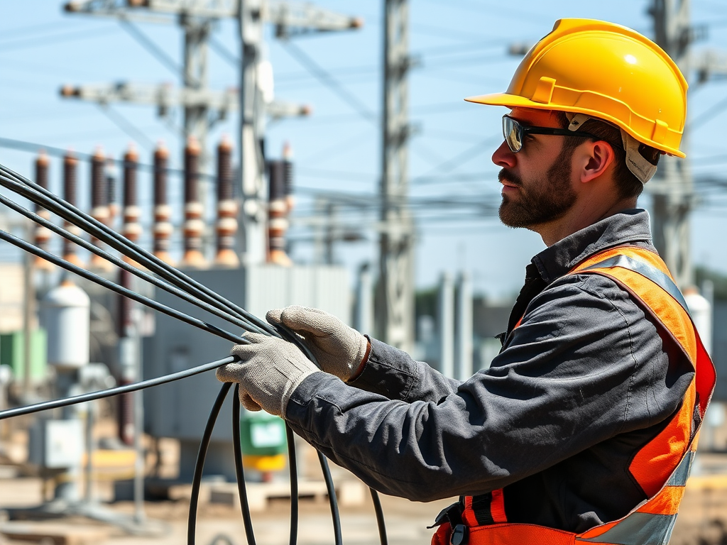 Electricista trabajando con cables de alta tensión en un entorno industrial