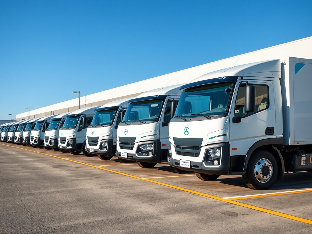 Consumo de Energía Eléctrica: Factores Clave y Optimización Una flota de camiones eléctricos de reparto en un estacionamiento con estaciones de carga al fondo