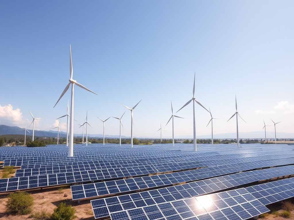 Consumo de Energía Eléctrica: Factores Clave y Optimización Vista aérea amplia de un parque de energía renovable con turbinas eólicas y paneles solares