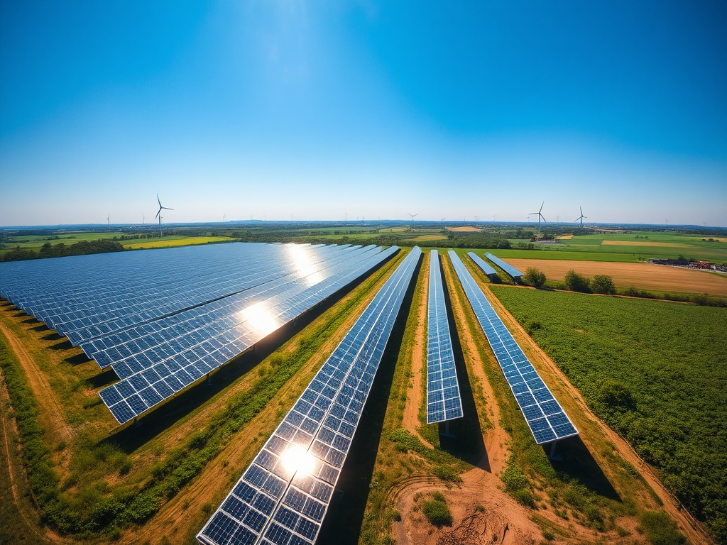 Vista aérea de una planta de energía solar con paneles solares y turbinas eólicas