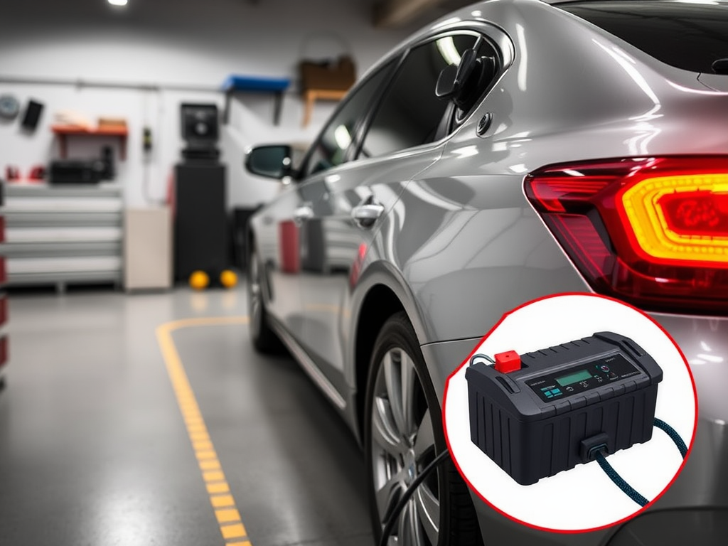 Causas de la Descarga de la Batería del Auto y Soluciones Prácticas Auto estacionado en un garaje con un mantenedor de batería conectado