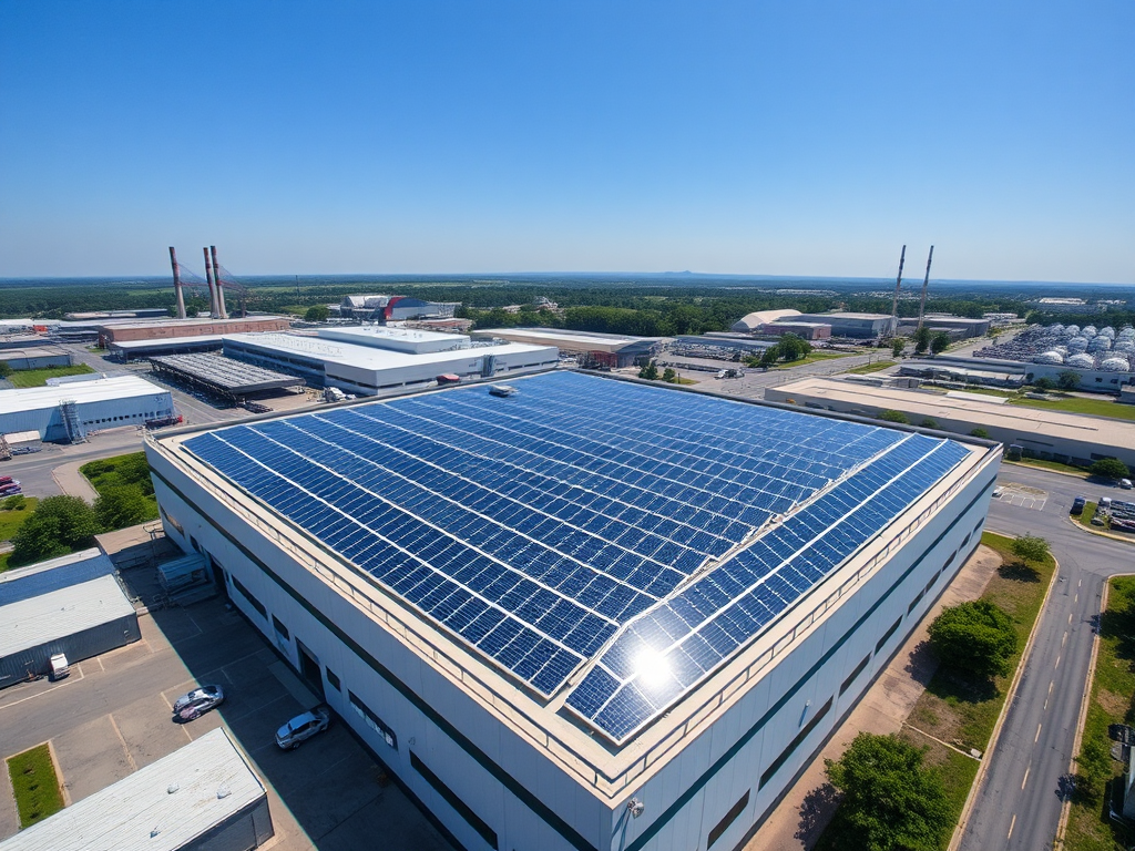 Energía Fotovoltaica: Funcionamiento y Aplicaciones en la Industria Vista aérea de una fábrica con paneles solares en el techo